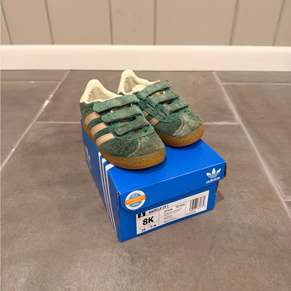 adidas Kids Green Suede Gazelle Sneakers with Tan Stripes